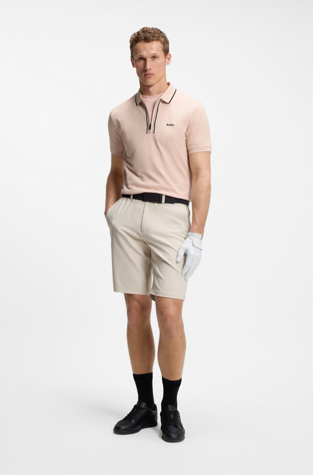 Active Slim-fit polo shirt in moisture-wicking stretch cotton, Light Pink
