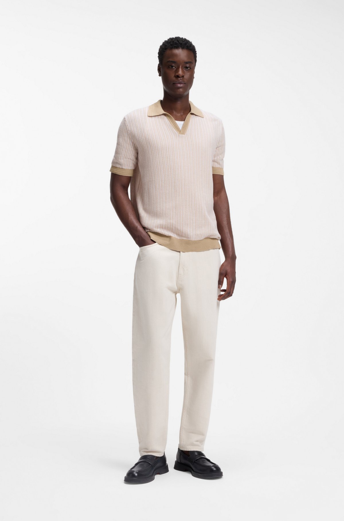 Johhny-collar sweater in cotton and linen, Light Beige