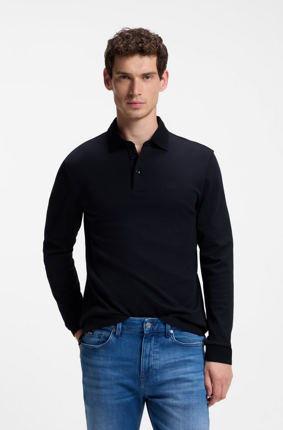 Long-sleeved polo shirt in interlock cotton with logo, Dark Blue