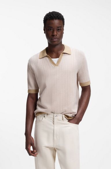 Johhny-collar sweater in cotton and linen, Light Beige