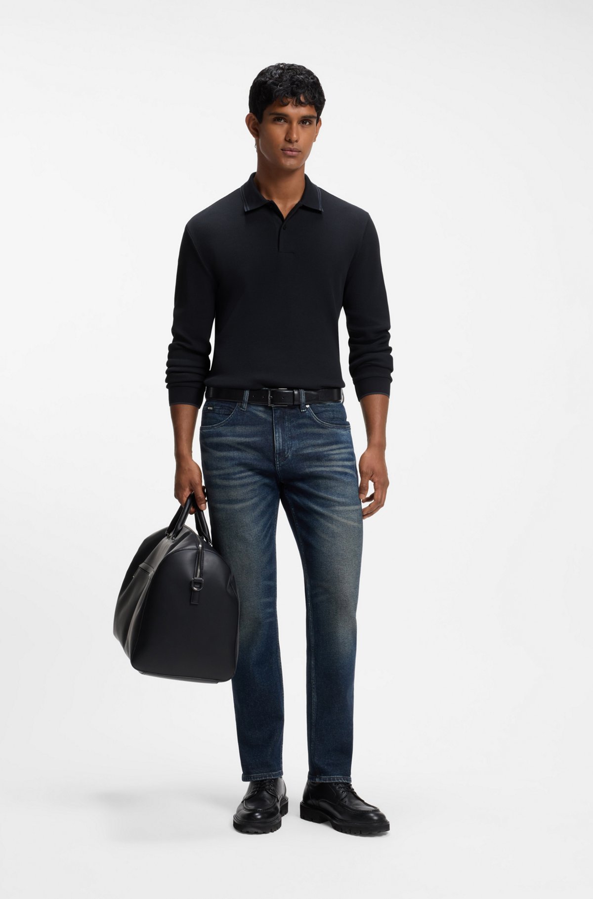 Waffle-structure polo shirt in stretch cotton, Dark Blue