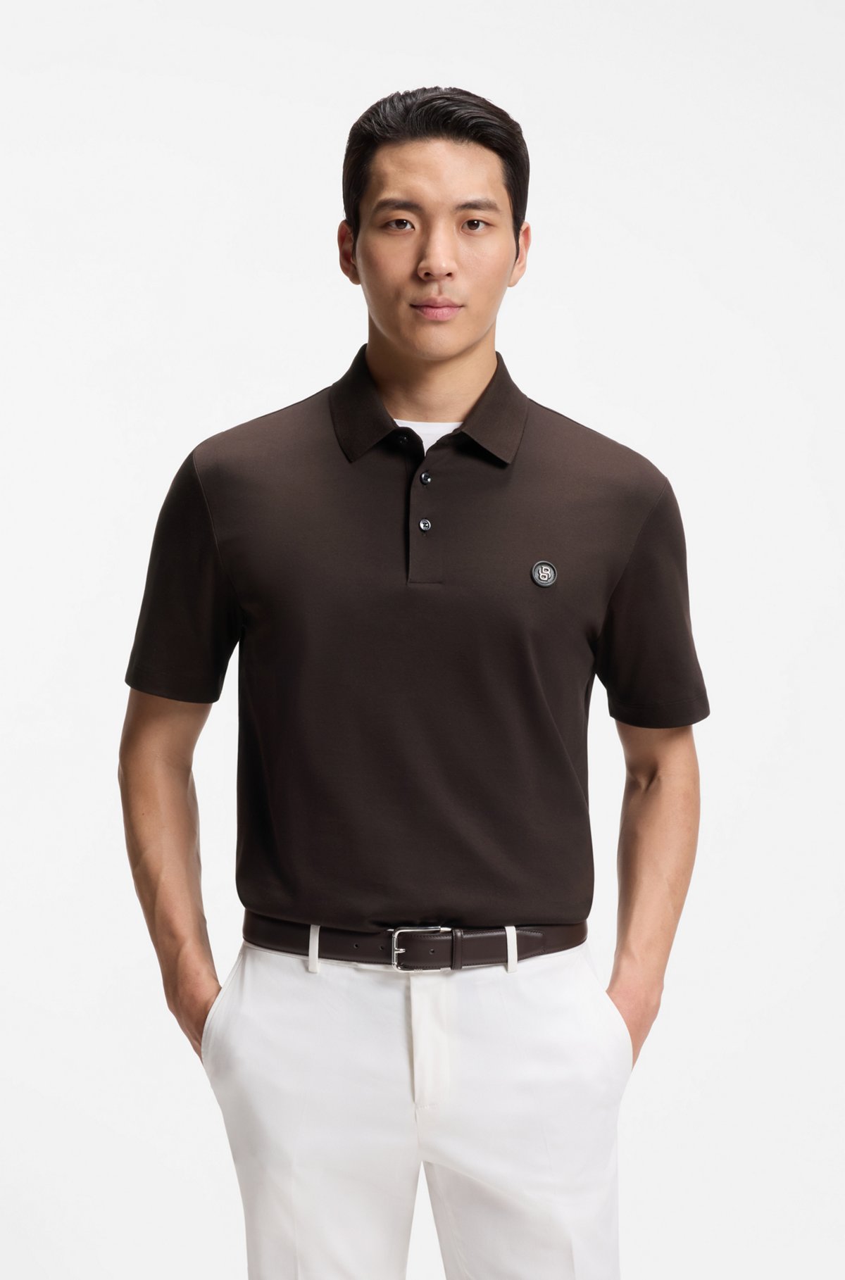 Polo shirt in mercerised cotton with Double B monogram, Dark Brown