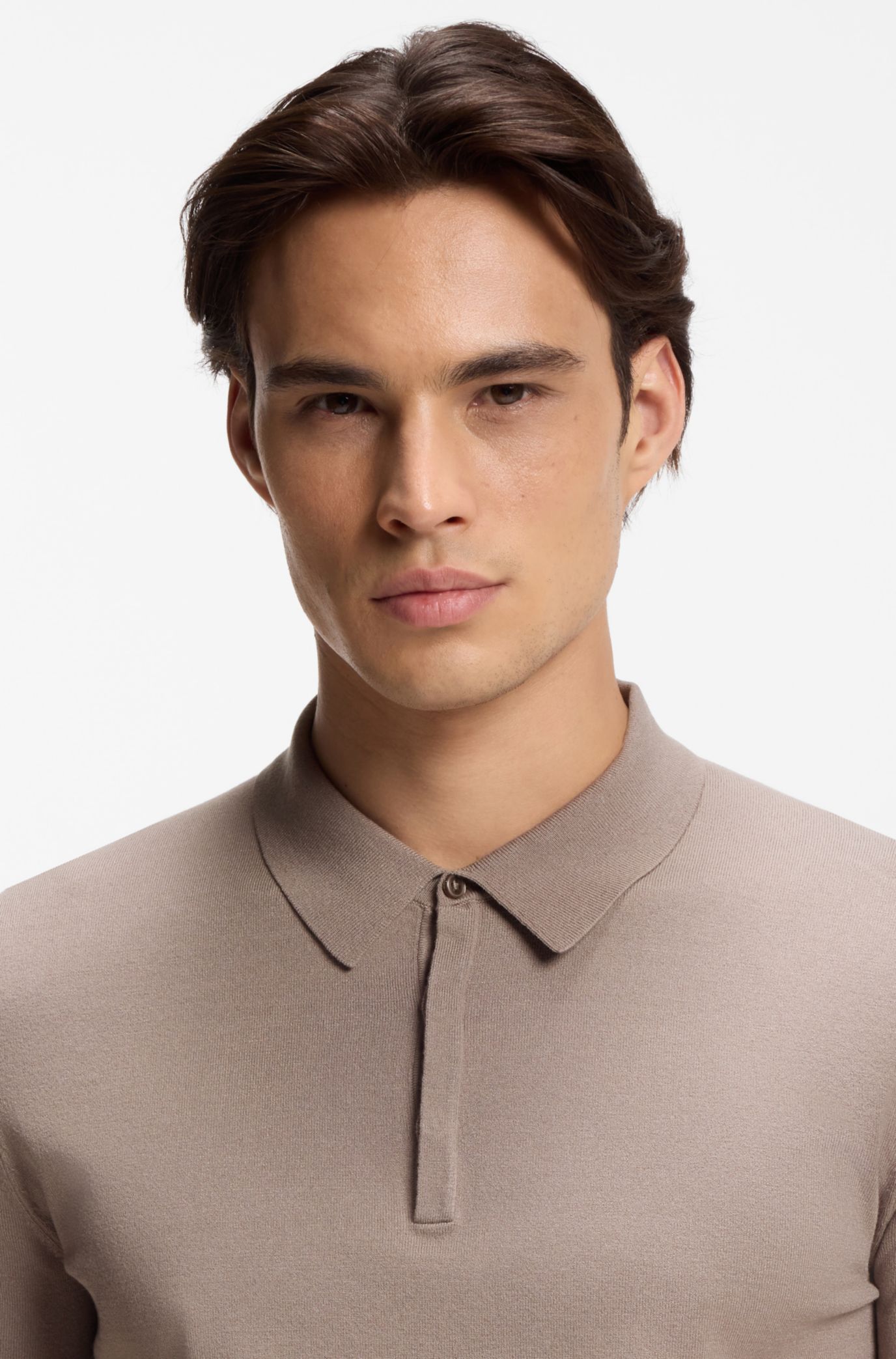 Knit polo with covered placket, Light Brown