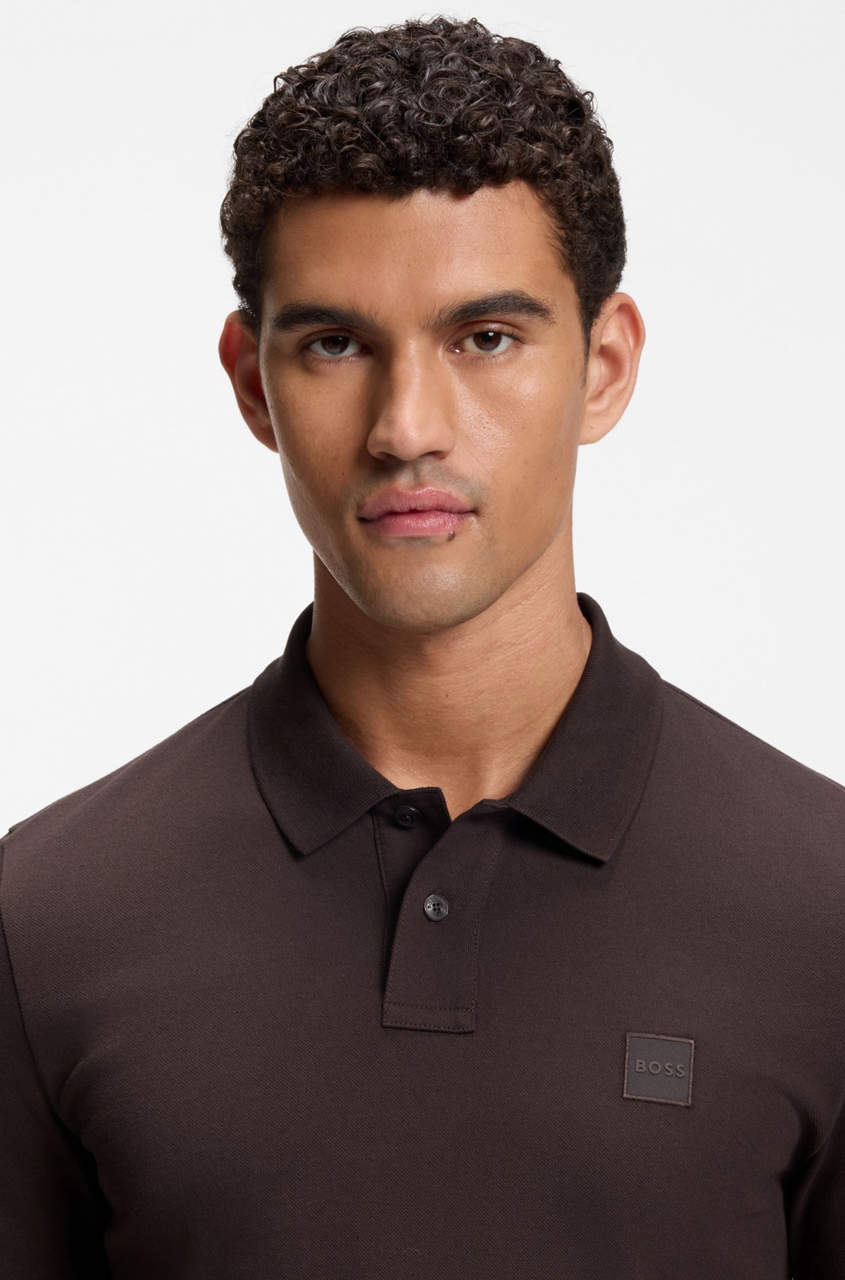 Slim-fit polo shirt in stretch-cotton piqué, Dark Brown