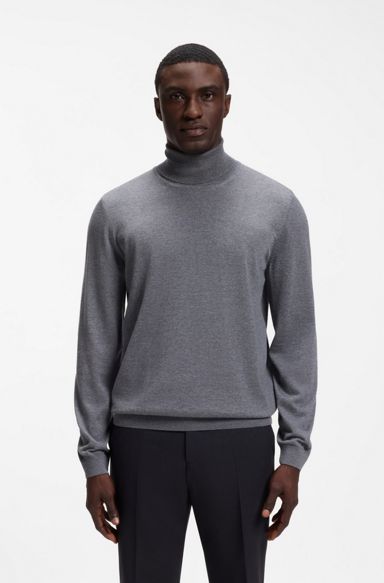 Slim-fit rollneck sweater in extra-fine merino wool, Grey
