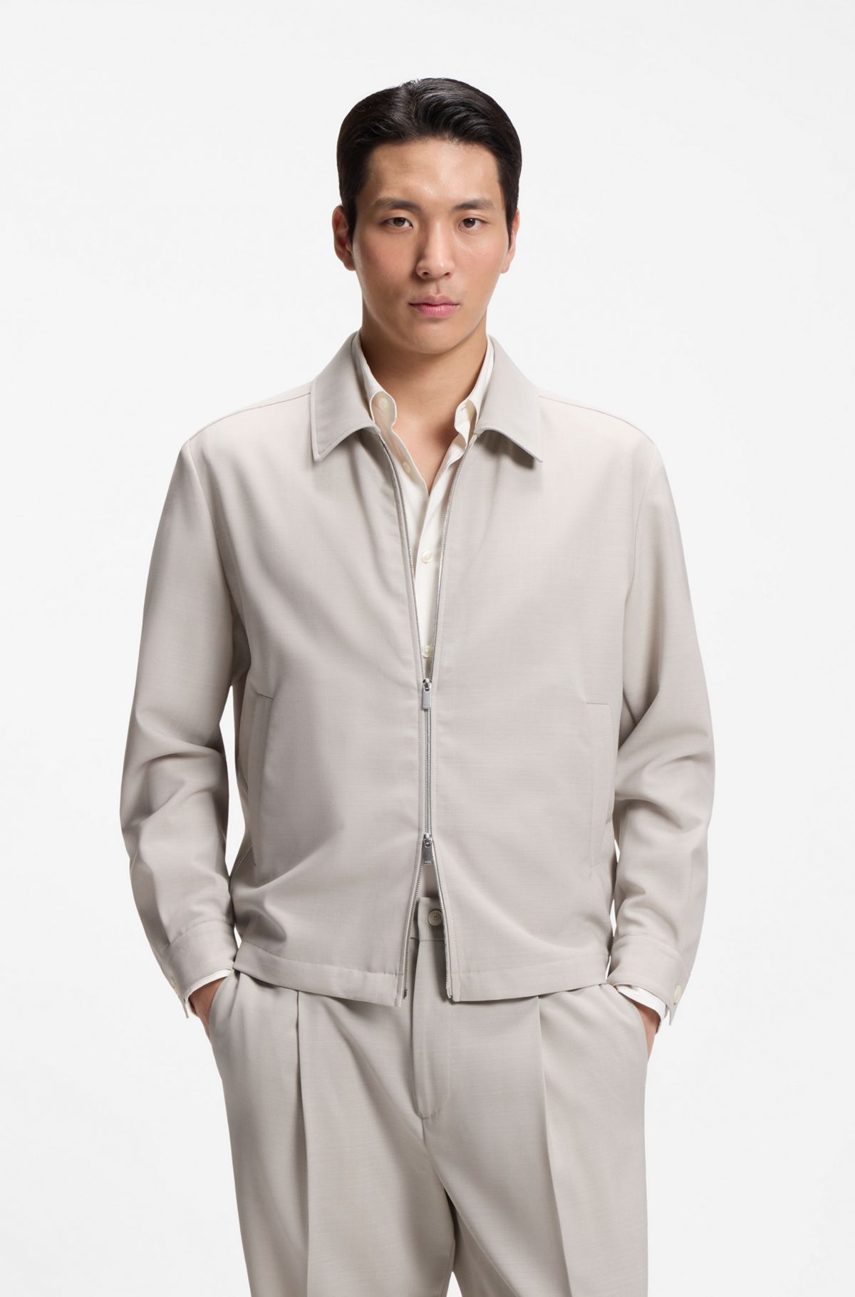 Relaxed-fit zip-up jacket in patterned virgin wool, Light Beige