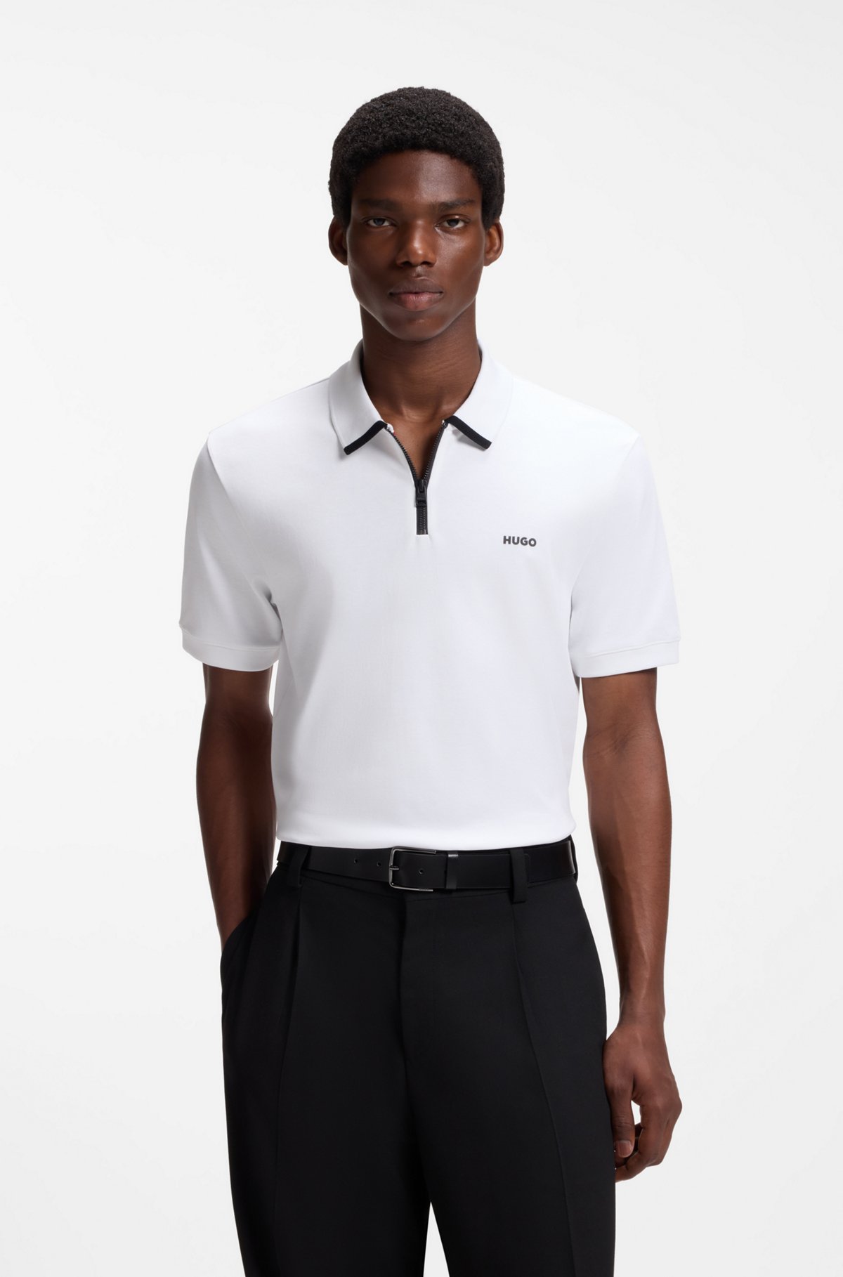 Cotton piqué polo shirt with zip neckline, White