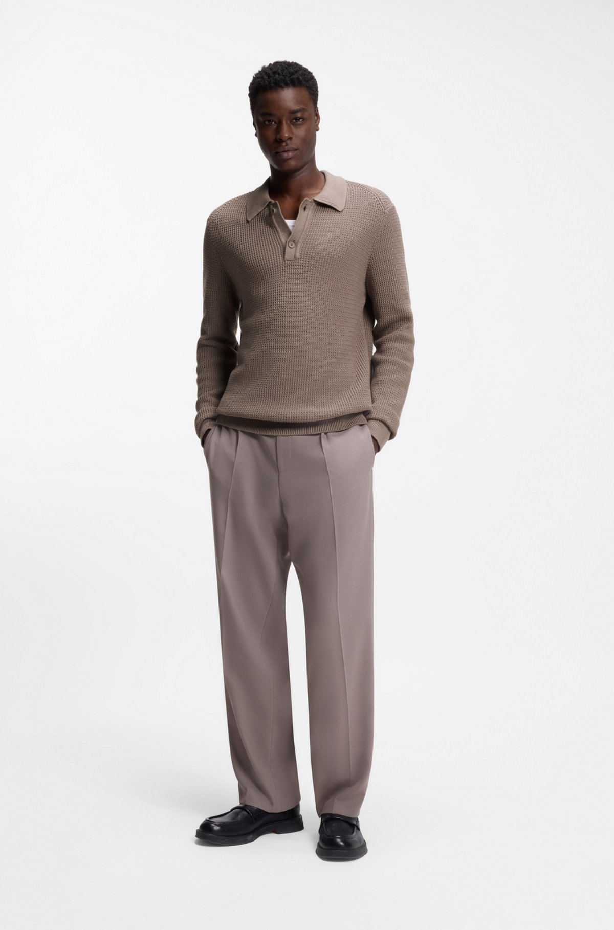 Relaxed-fit sweater in structured cotton with polo collar, Brown