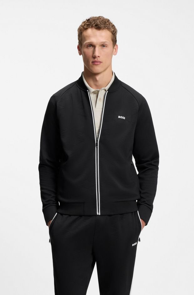 Triangle-jacquard zip-up sweatshirt with rubberised logo, Black