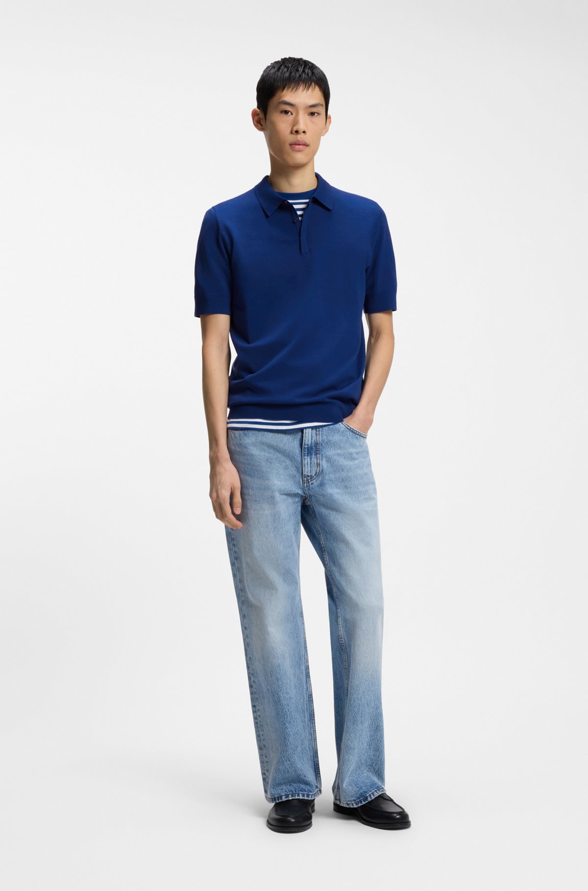 Knit polo with covered placket, Blue