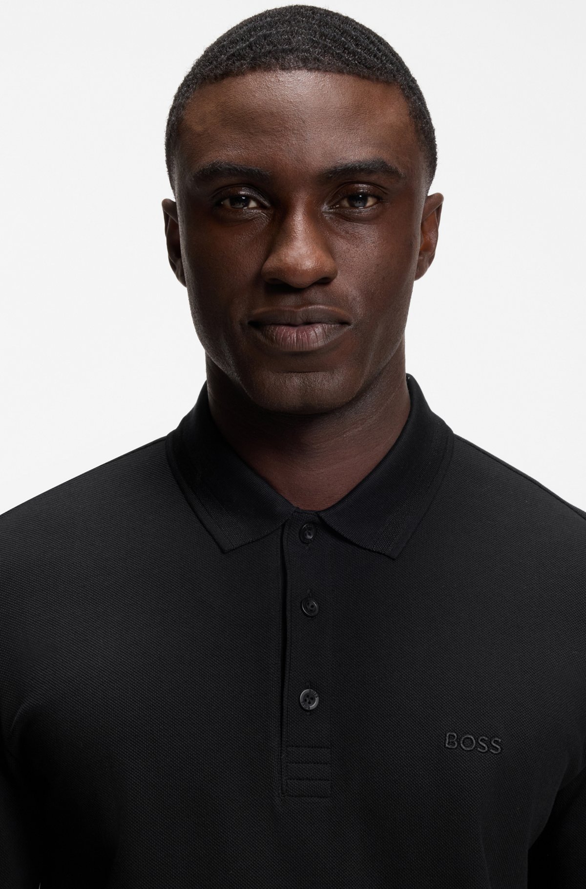 Long-sleeved cotton piqué polo shirt, Black