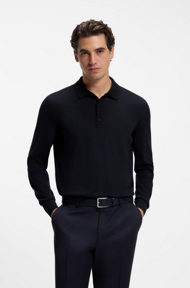 Merino-wool polo sweater, Dark Blue