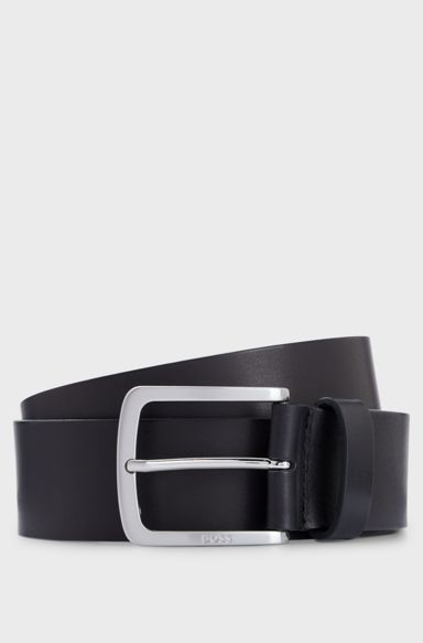 Italian-leather belt with logo-engraved buckle, Black