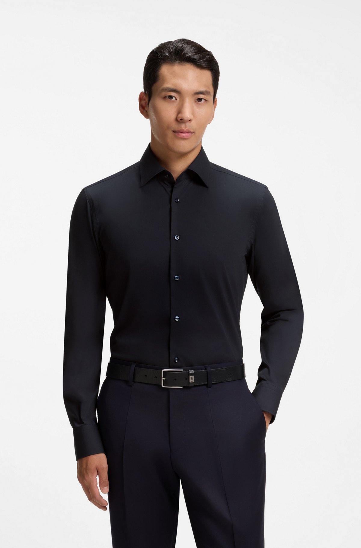 Slim-fit stretch-cotton shirt, Dark Blue