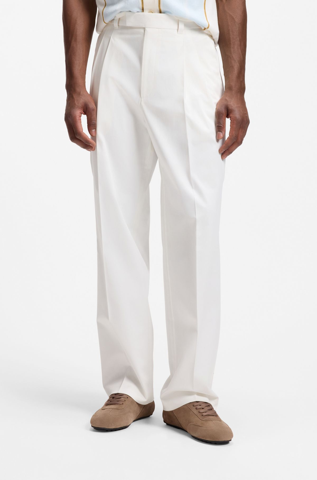 Relaxed-fit trousers in stretch cotton, Natural