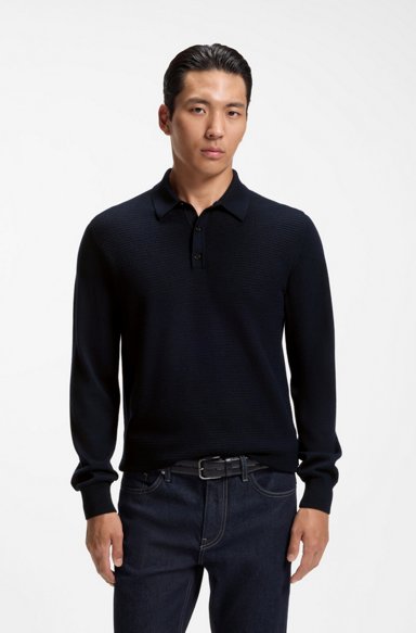Mixed-structure knit polo in a wool blend, Dark Blue