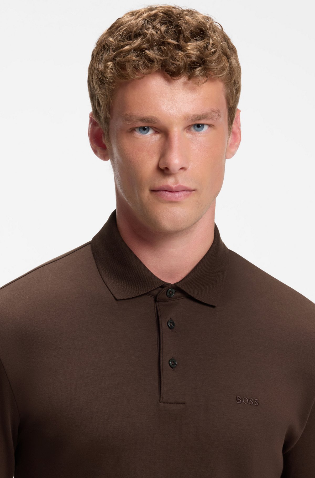 Long-sleeved polo shirt in interlock cotton with logo, Dark Brown