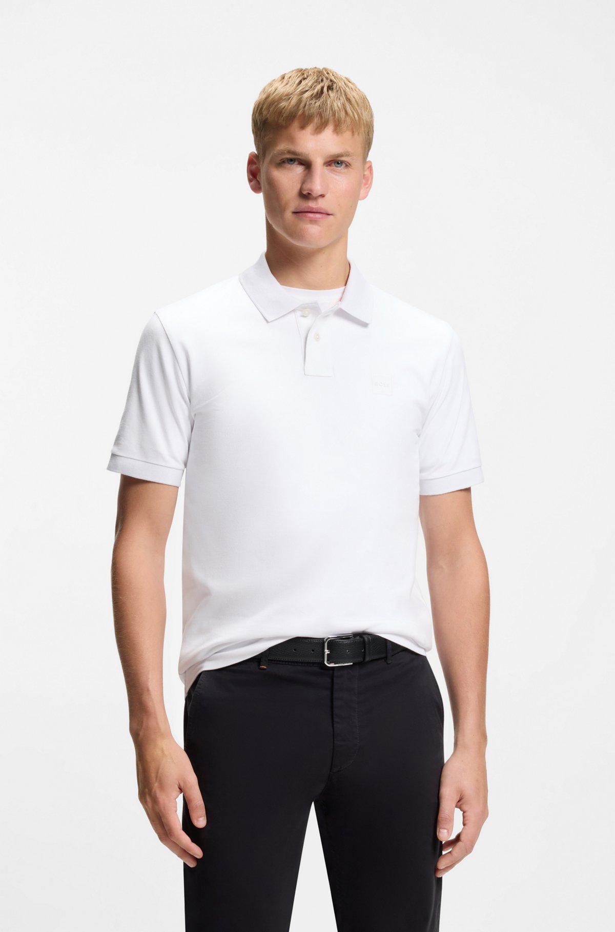 Stretch-cotton slim-fit polo shirt with logo patch, White
