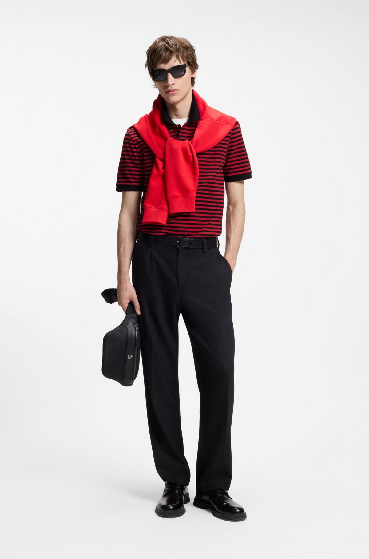 Cotton-piqué polo shirt with horizontal stripe, Black / Red