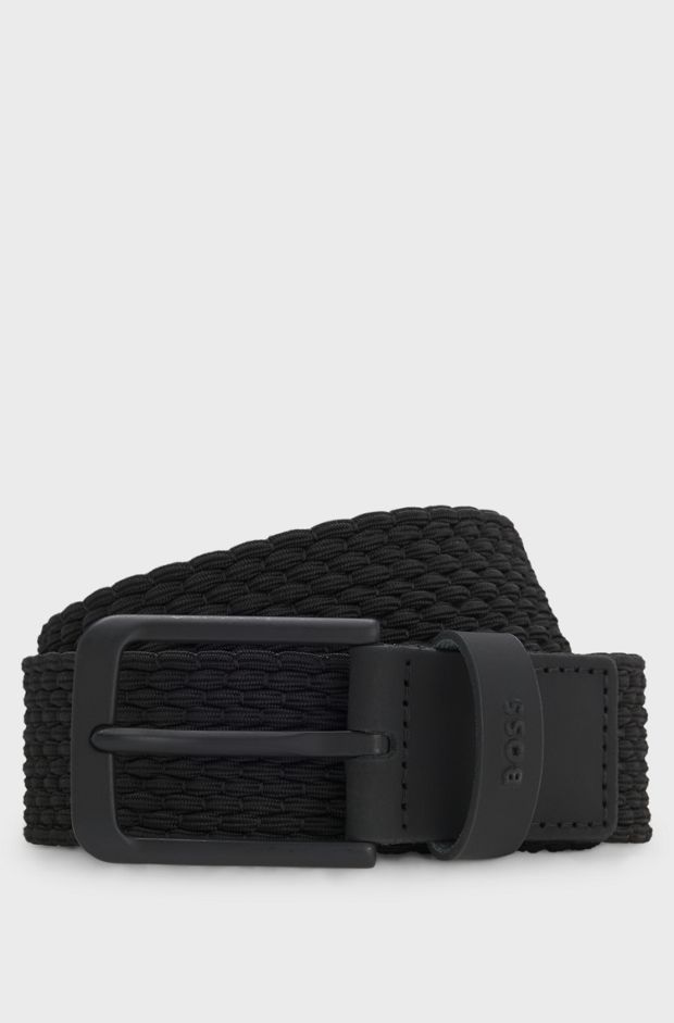 Leather-trimmed woven belt, Black