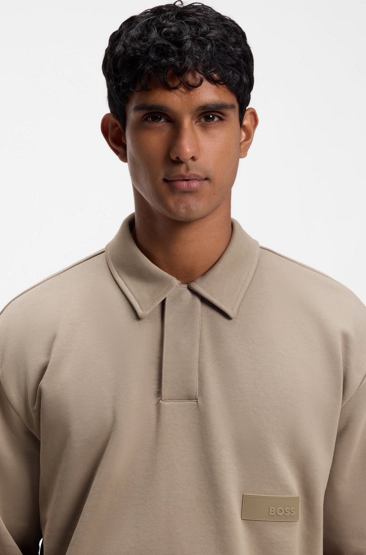 Relaxed-fit polo sweatshirt in French Terry, Light Brown
