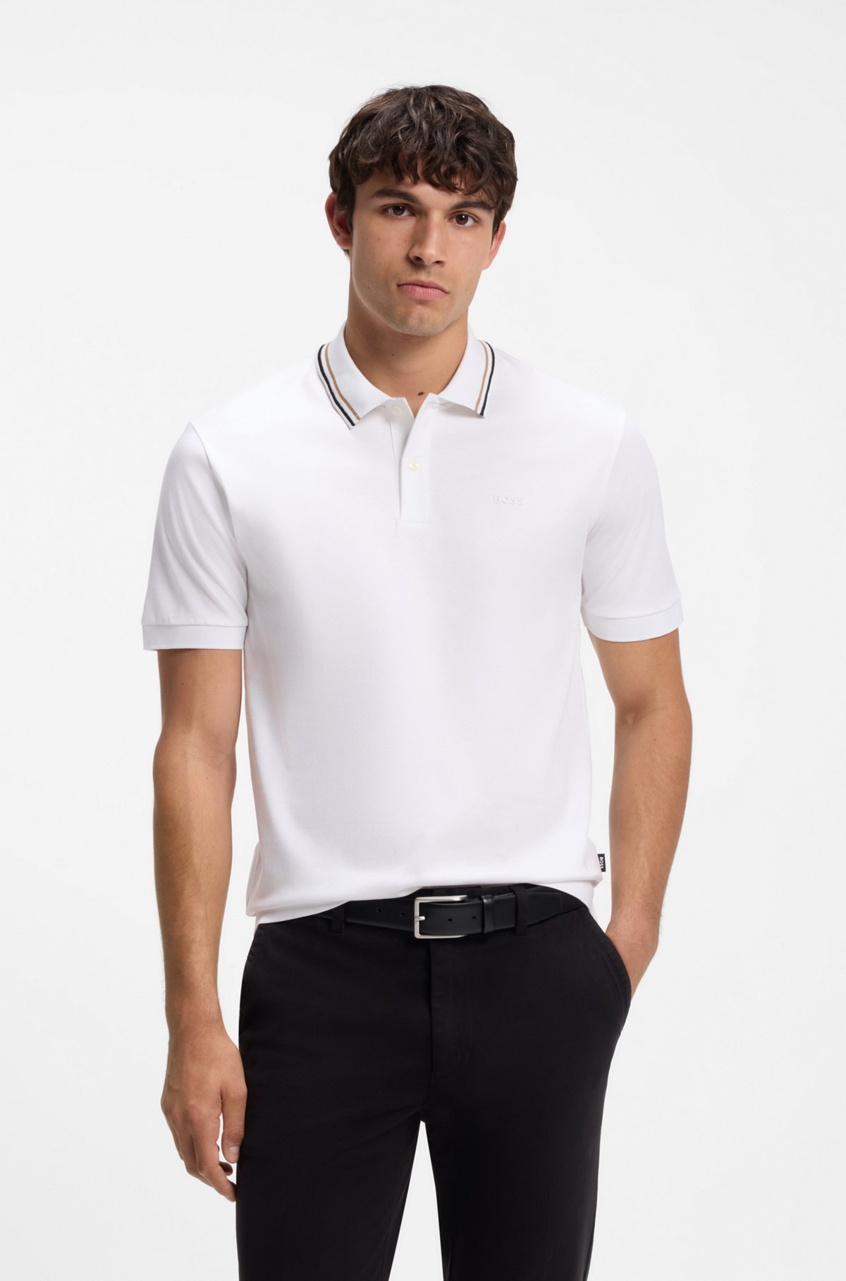 Slim-fit polo shirt in cotton with striped collar, White