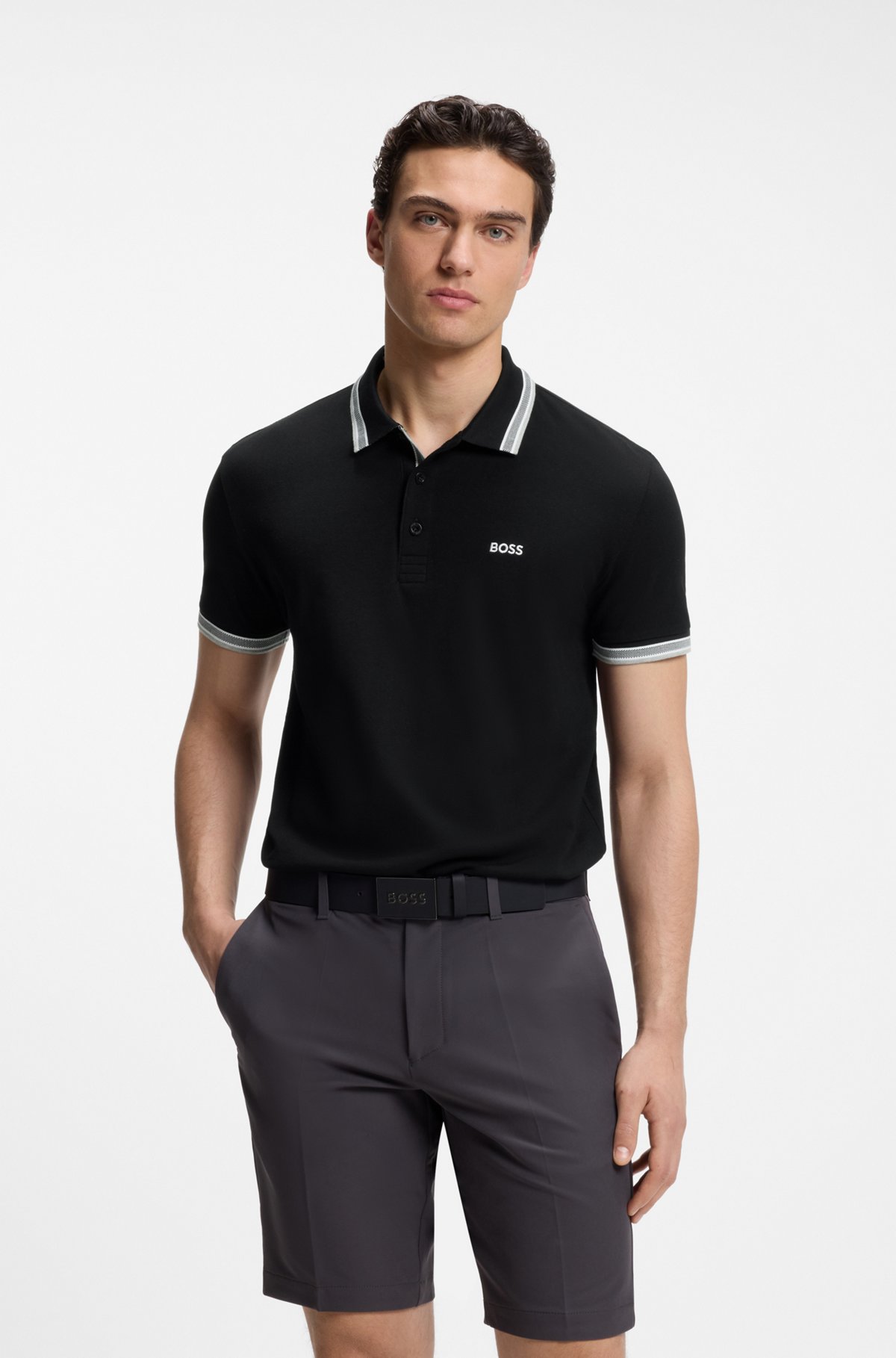Cotton piqué polo shirt with logo details, Black