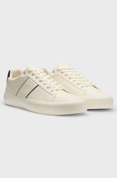 Faux-leather trainers with plain and grained textures, White
