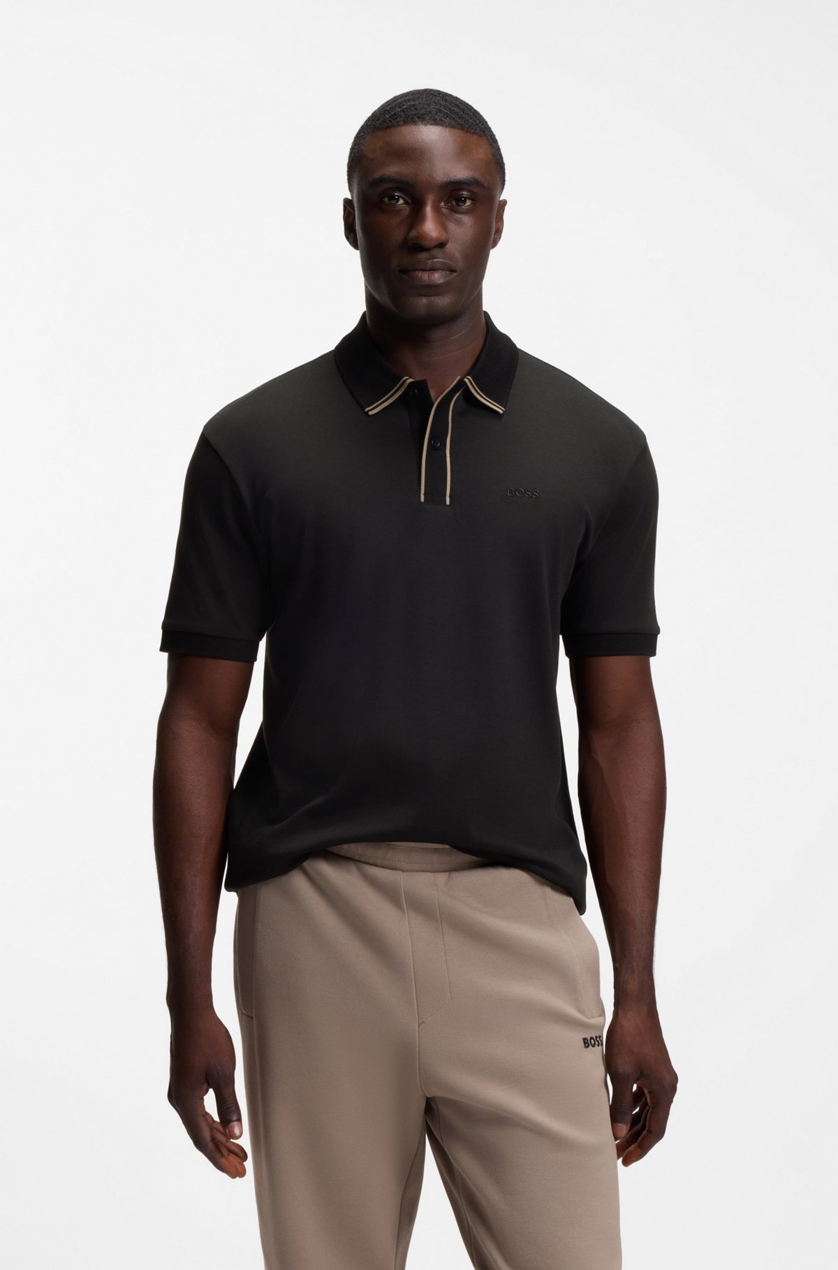 Striped-trim polo shirt in interlock cotton, Black