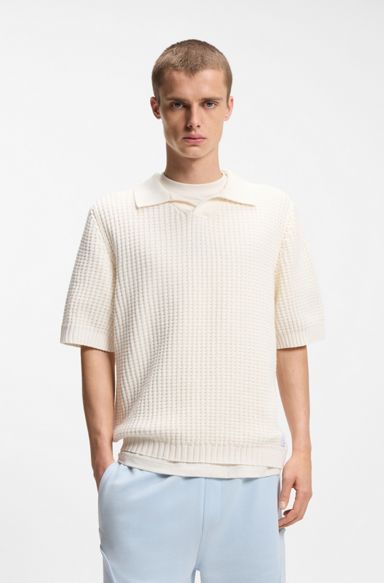 Waffle-structure knit polo with Johnny collar, Natural