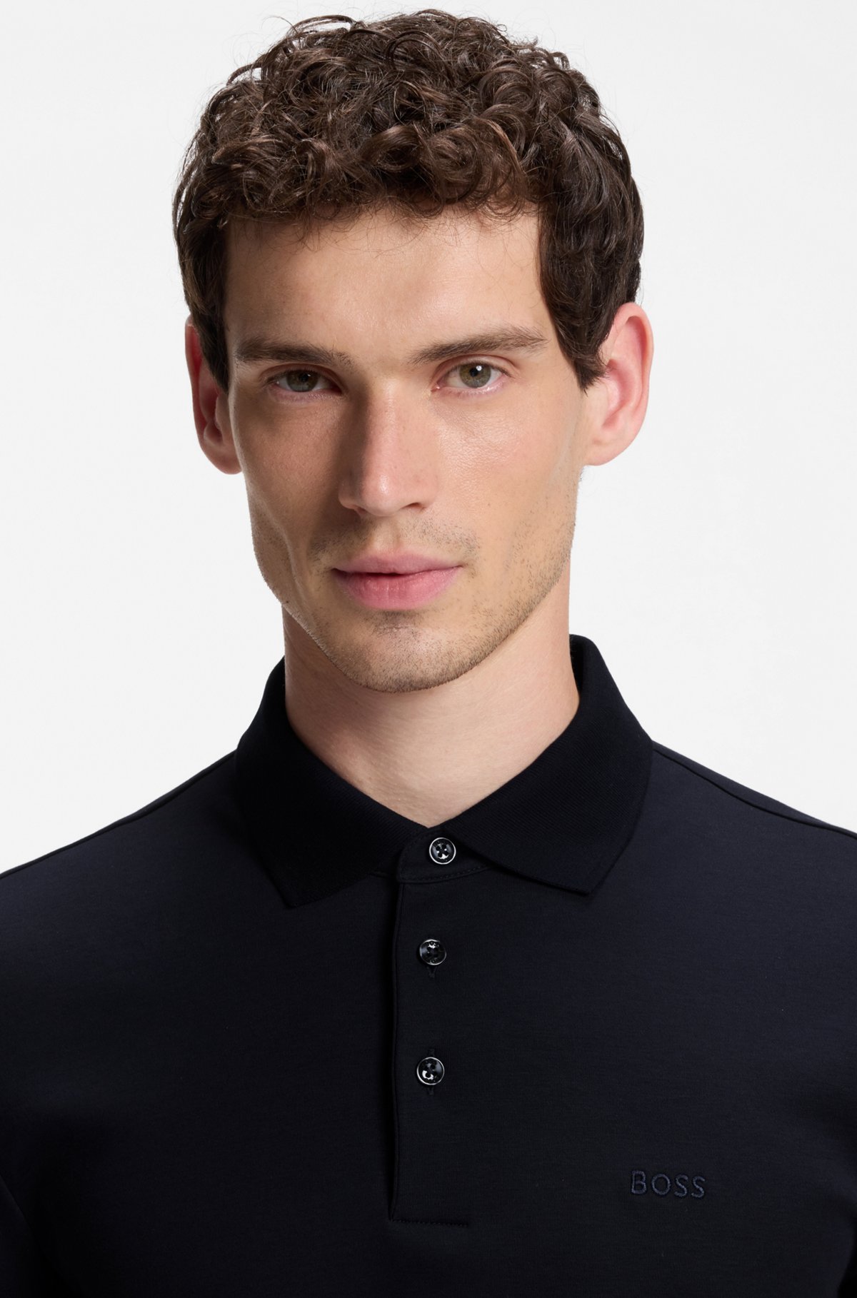 Long-sleeved polo shirt in interlock cotton with logo, Dark Blue