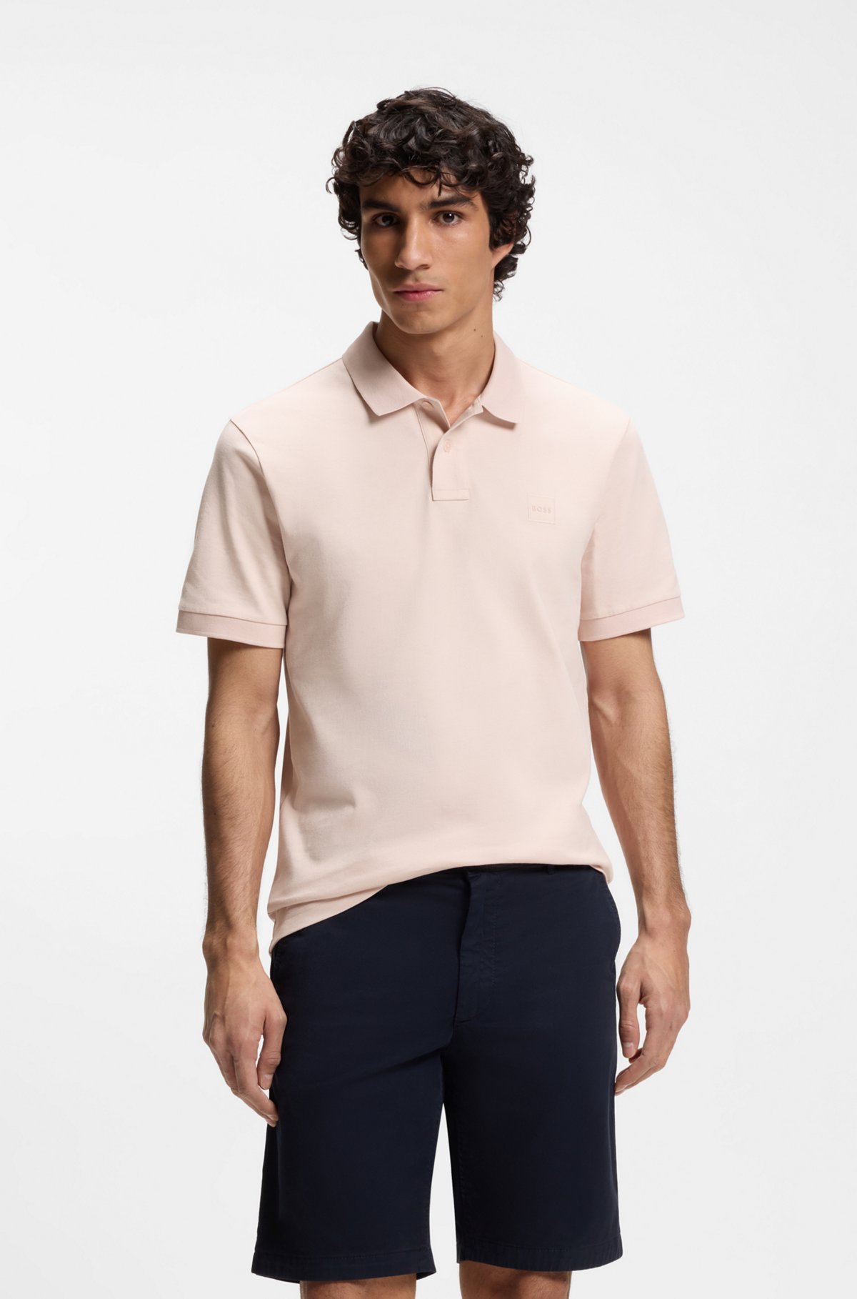 Stretch-cotton slim-fit polo shirt with logo patch, Light Pink