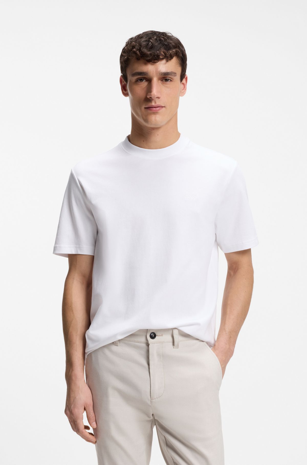 Interlock-cotton T-shirt with embroidered logo, White