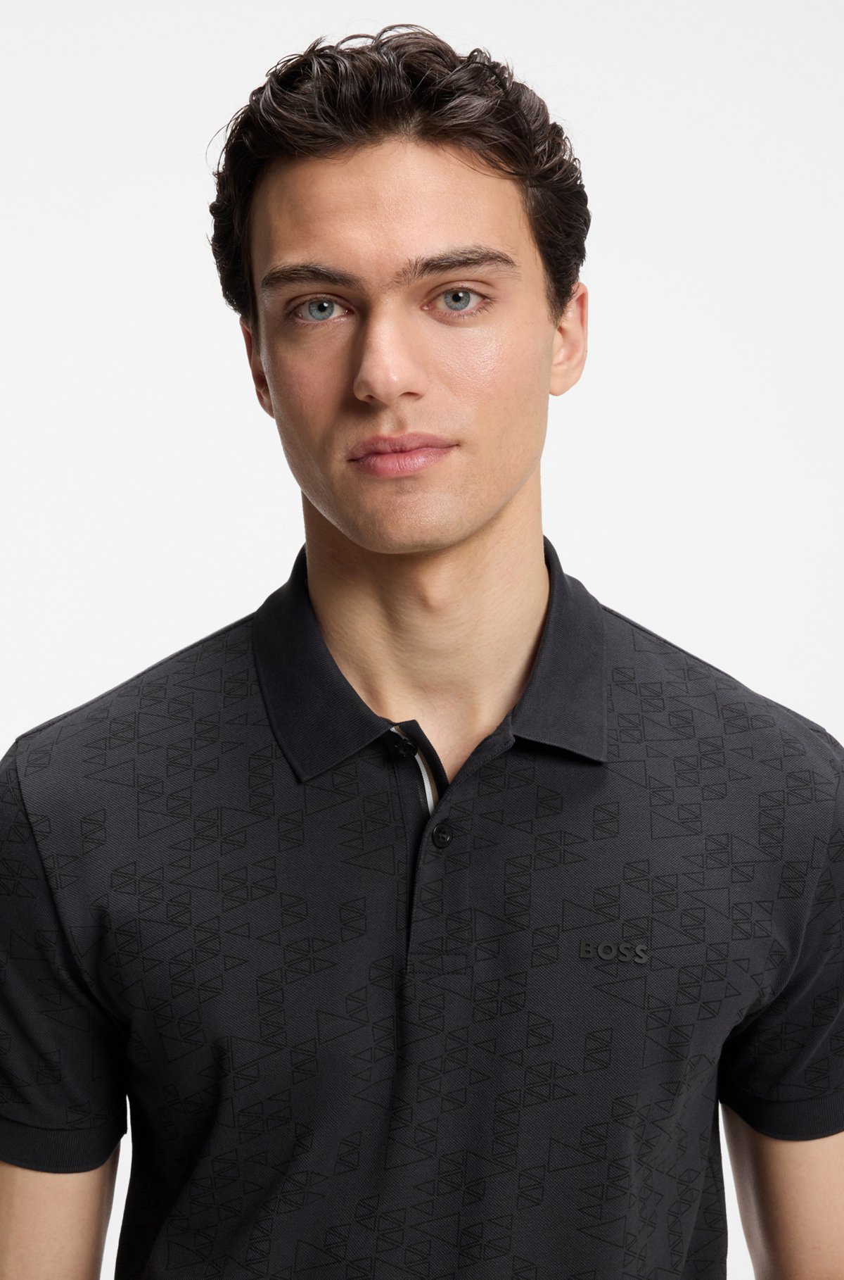 Cotton-piqué polo shirt with all-over print, Dark Blue