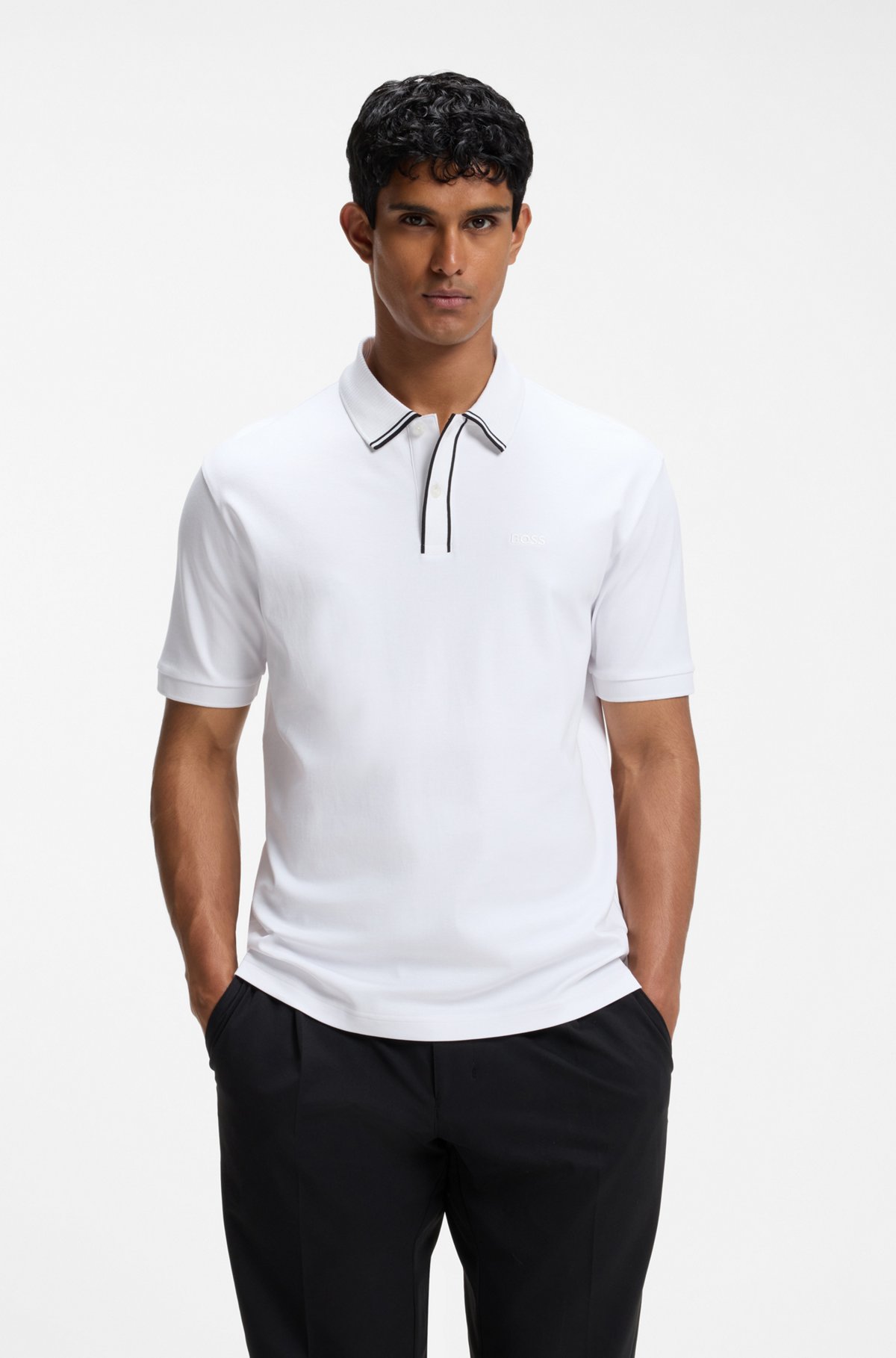 Striped-trim polo shirt in interlock cotton, White