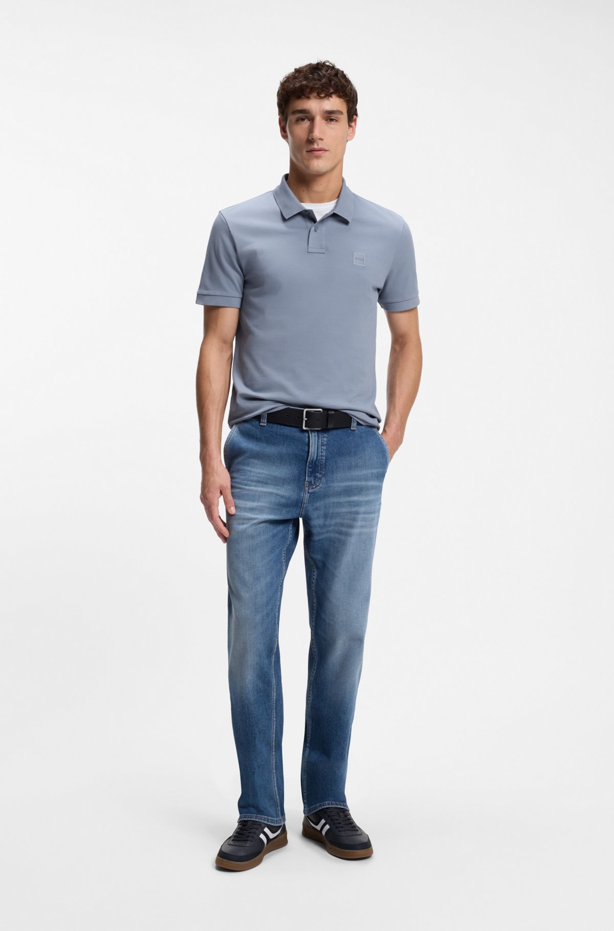 Stretch-cotton slim-fit polo shirt with logo patch, Blue