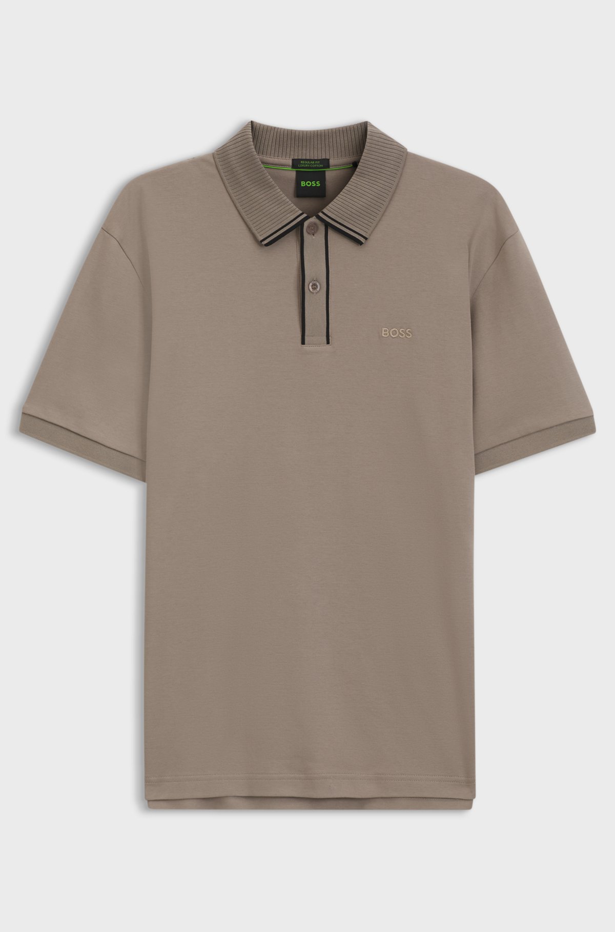 Striped-trim polo shirt in interlock cotton, Light Brown