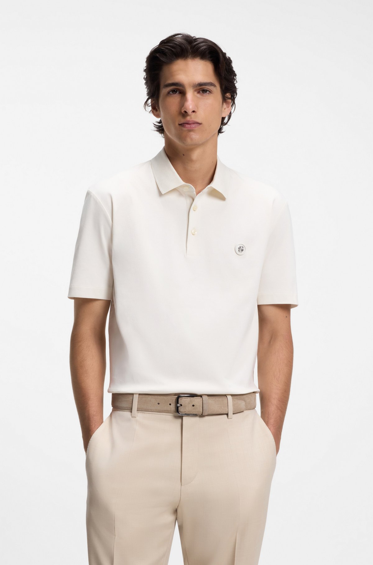 Polo shirt in mercerised cotton with Double B monogram, Natural