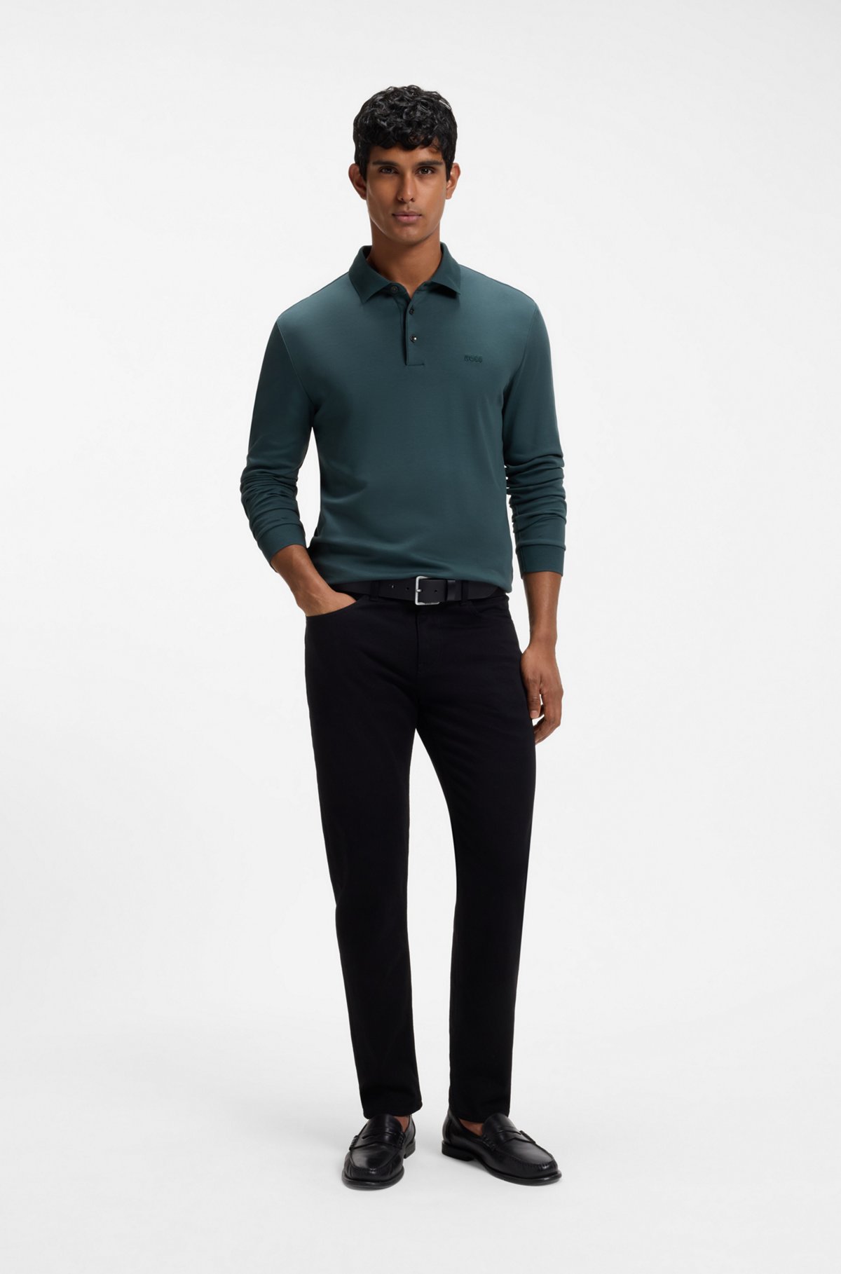 Long-sleeved polo shirt in interlock cotton with logo, Dark Green
