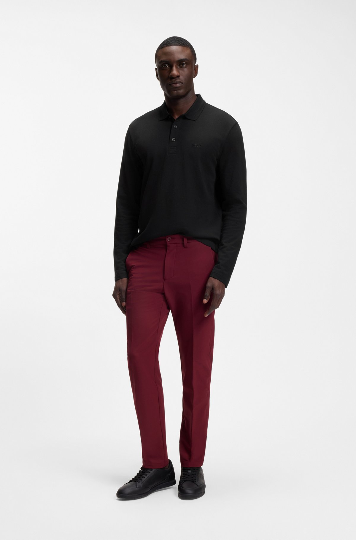 Long-sleeved cotton piqué polo shirt, Black