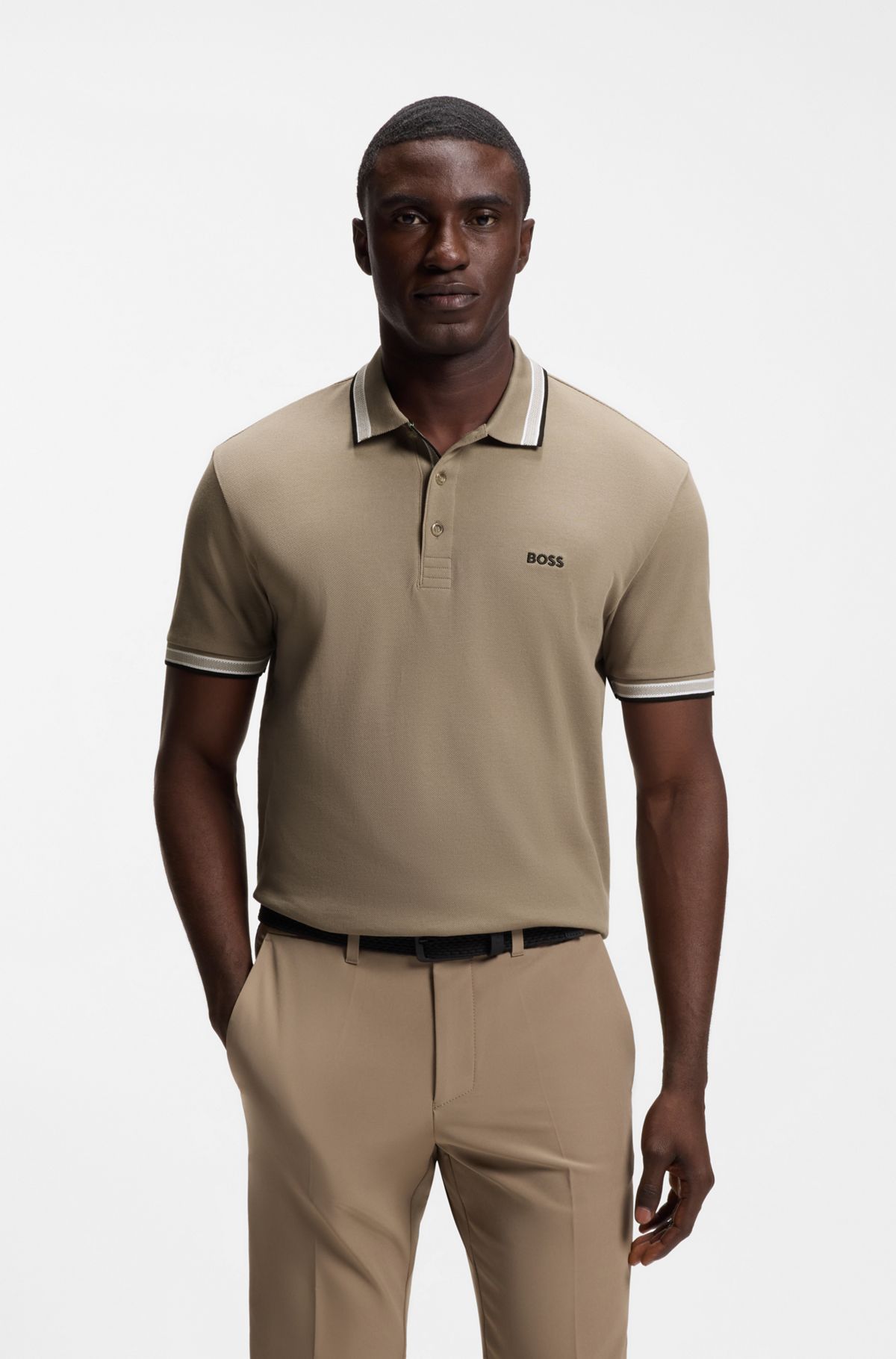 Cotton piqué polo shirt with logo details, Beige