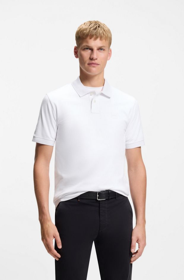 Stretch-cotton slim-fit polo shirt with logo patch, White