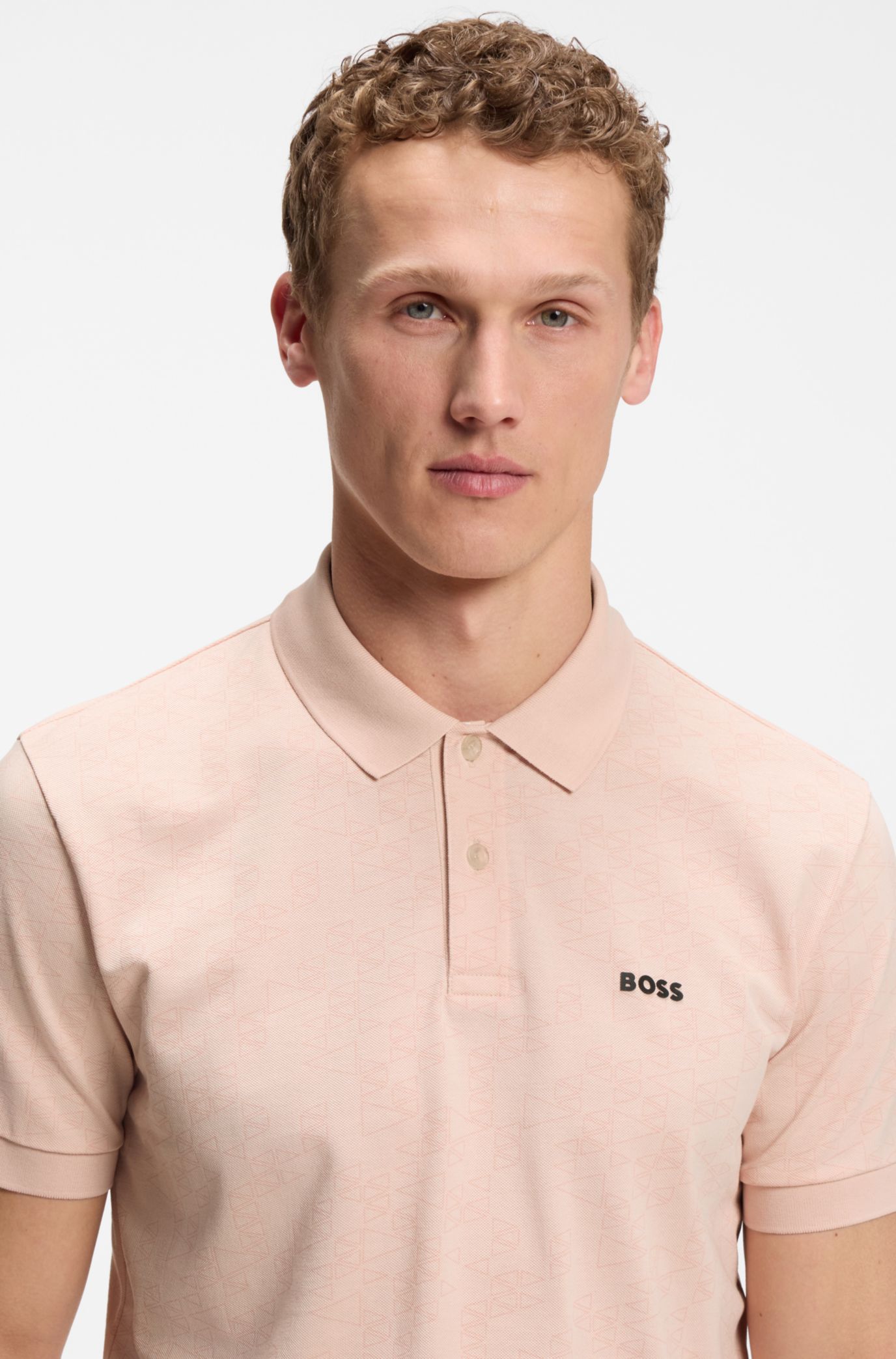 Cotton-piqué polo shirt with all-over print, Light Orange