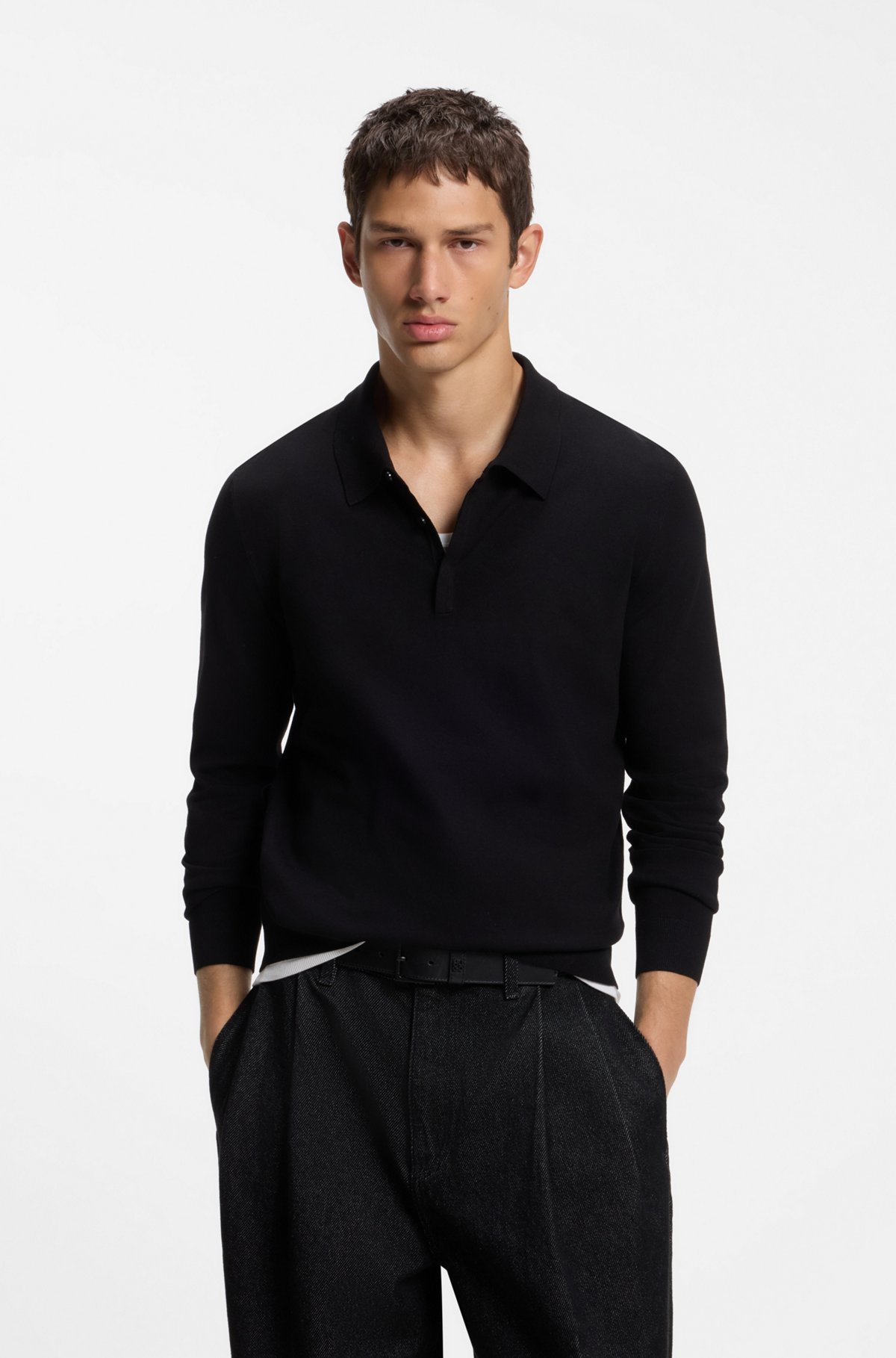 Slim-fit knit polo, Black