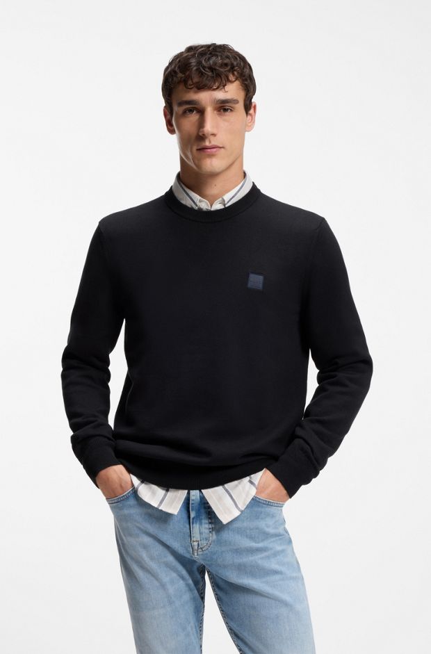 Cotton-blend sweater with logo patch, Dark Blue