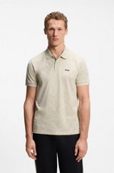 Cotton-piqué polo shirt with all-over print, Light Beige