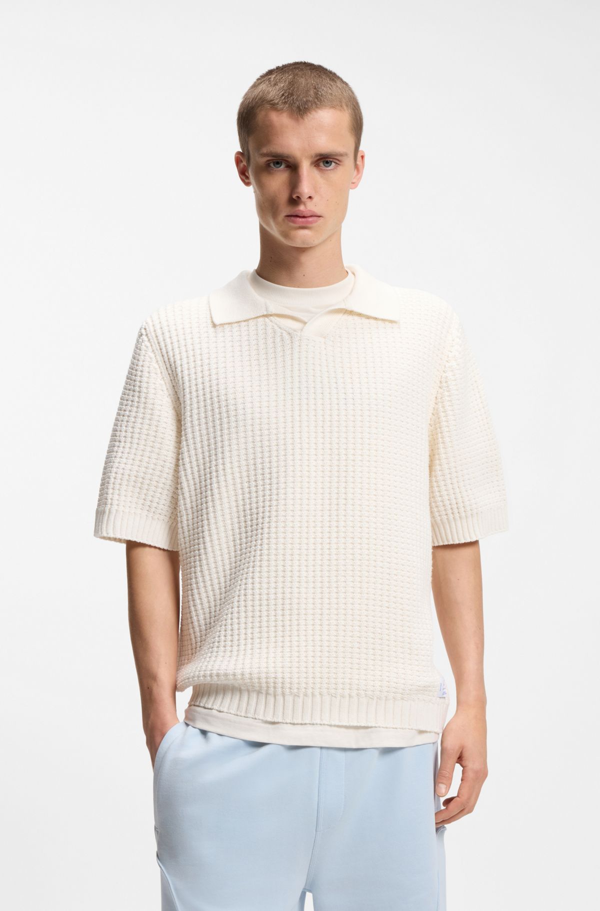 Waffle-structure knit polo with Johnny collar, Natural