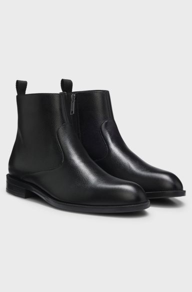 Grained-leather boots with side zip, Black