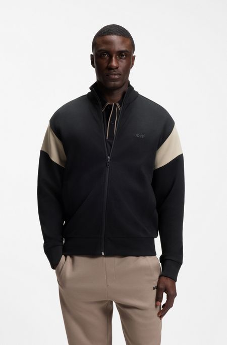 Zip-up cotton-blend sweatshirt with contrast inserts, Black