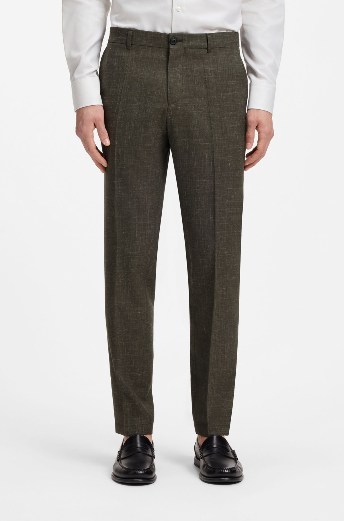 Slim-fit trousers in virgin wool and linen, Dark Green
